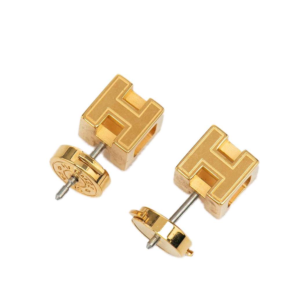 Hermès Gold Plated Enamel Cage dH Push Back Earrings - Image 6