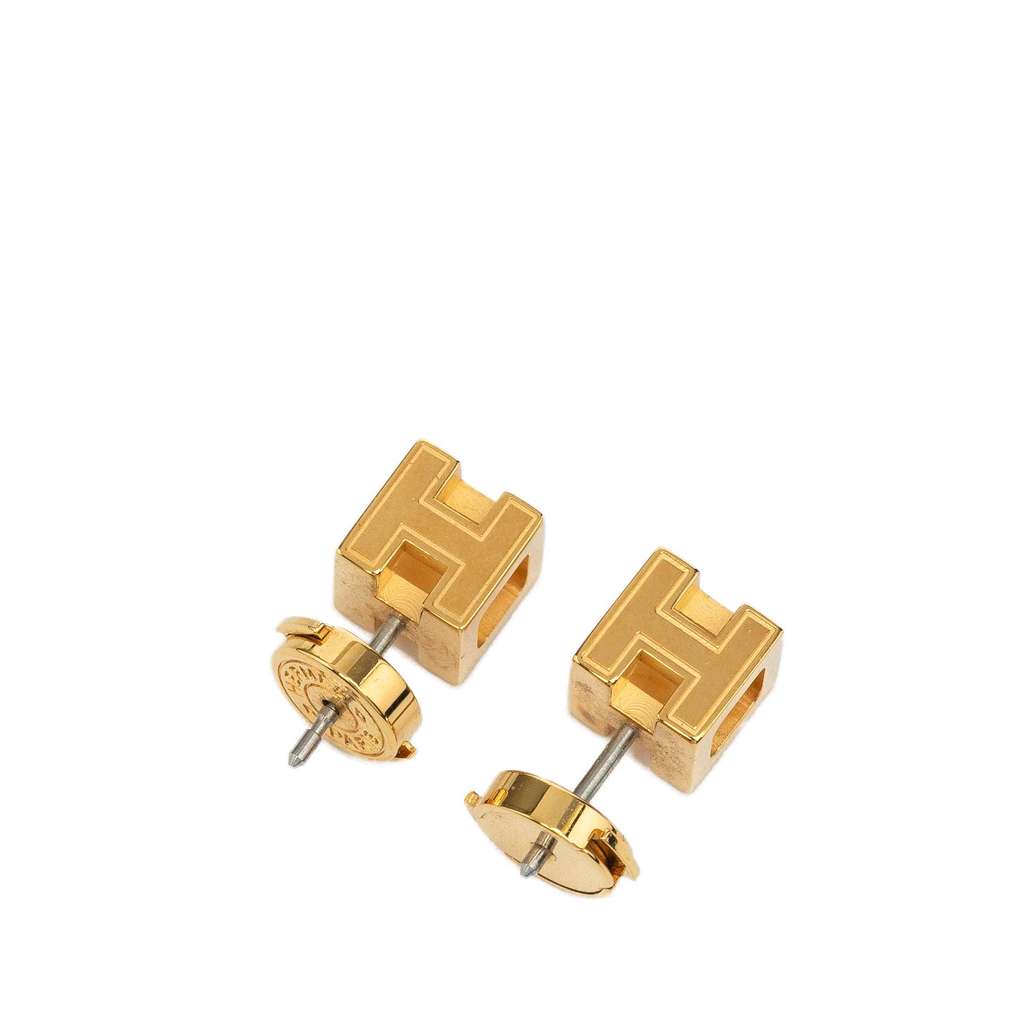 Hermès Gold Plated Enamel Cage dH Push Back Earrings - 4