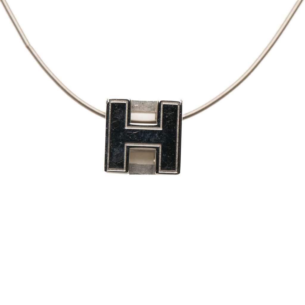 Hermès Palladium Plated Enamel Cage dH Cube Necklace - Back view