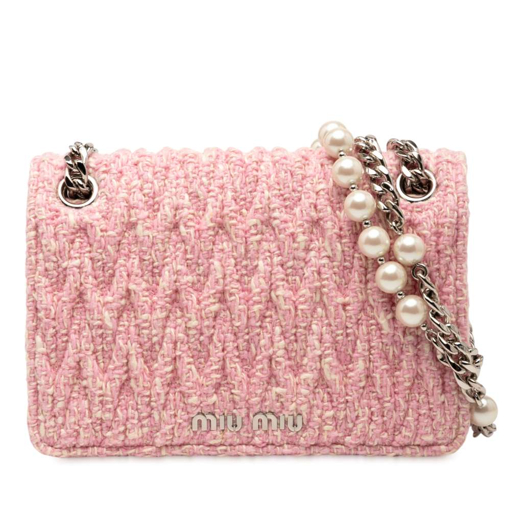 Miu Miu Matelasse Tweed Faux Pearl Chain Shoulder Bag