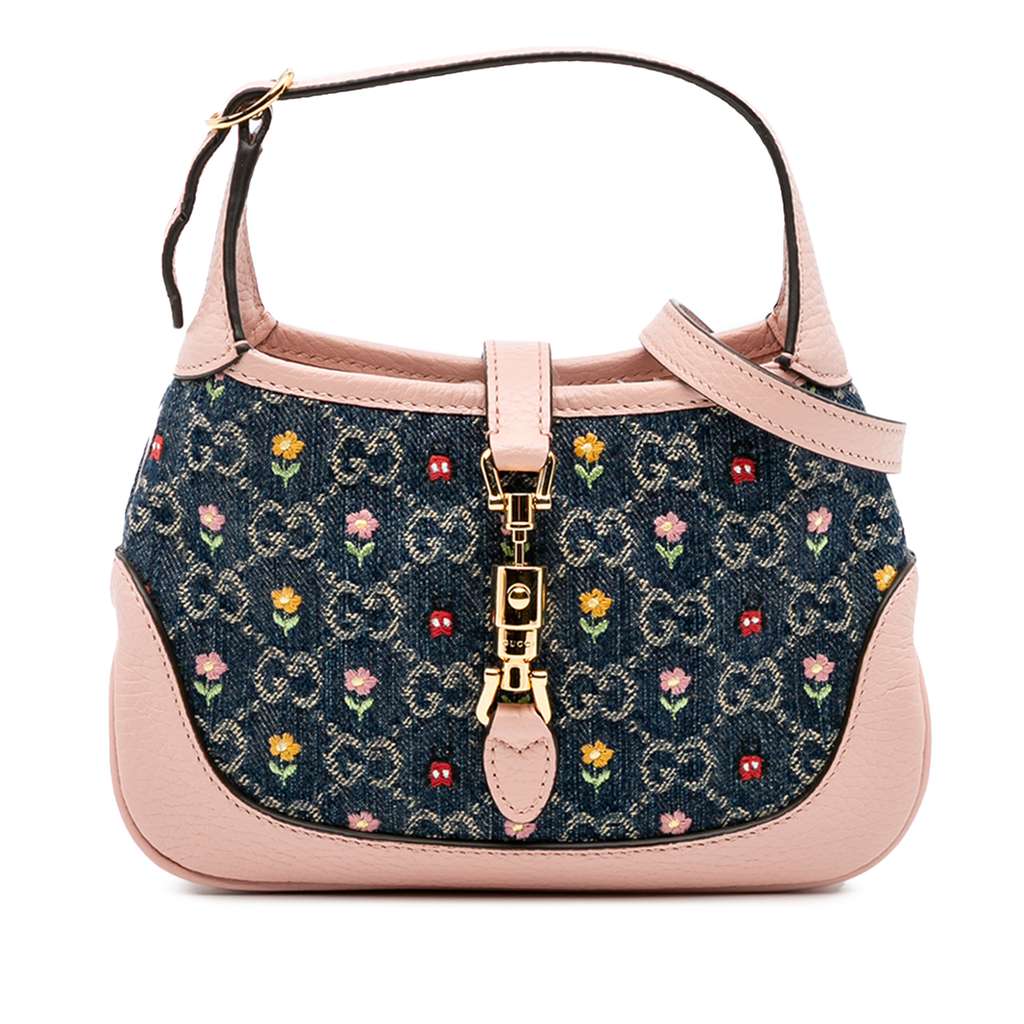 Gucci Limited Edition Mini GG Denim Embroidered Floral Jackie 1961 Crossbody