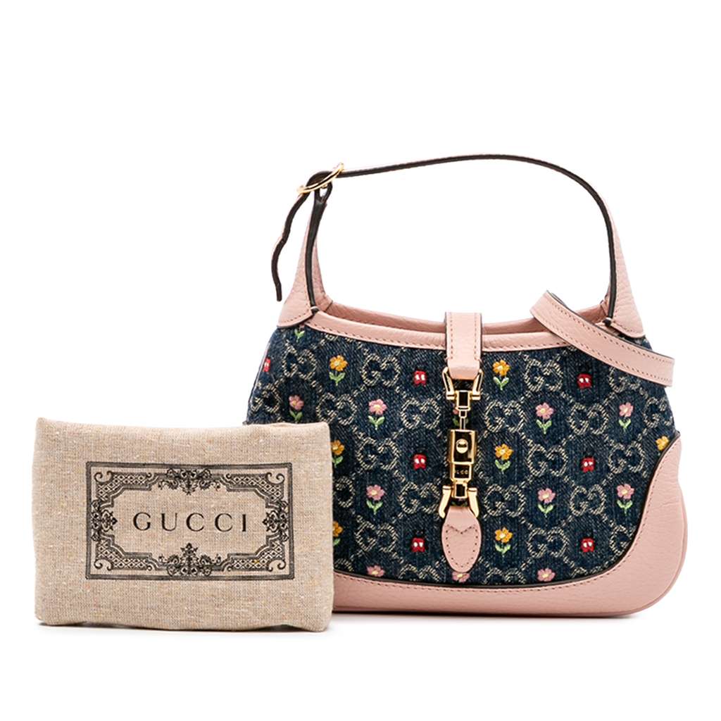 Gucci Limited Edition Mini GG Denim Embroidered Floral Jackie 1961 Crossbody - Image 16