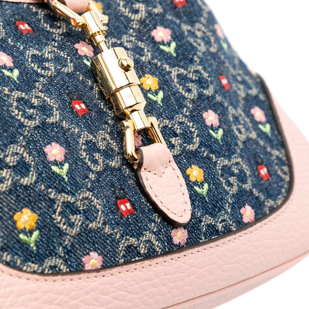 Gucci Limited Edition Mini GG Denim Embroidered Floral Jackie 1961 Crossbody - Image 11