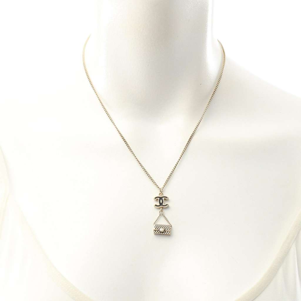 Chanel CC Gold Plated Enamel Flap Bag Pendant Necklace - Side view