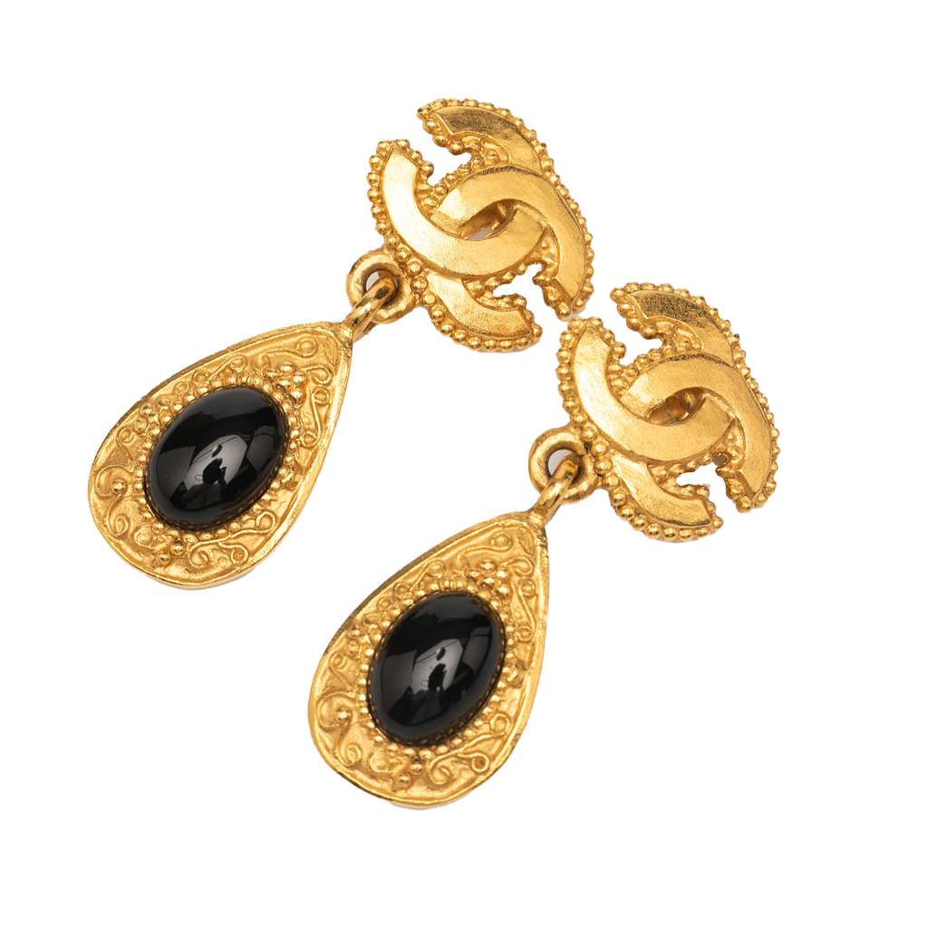Chanel Gold Plated CC Grapevine Gripoix Drop Clip On Earrings