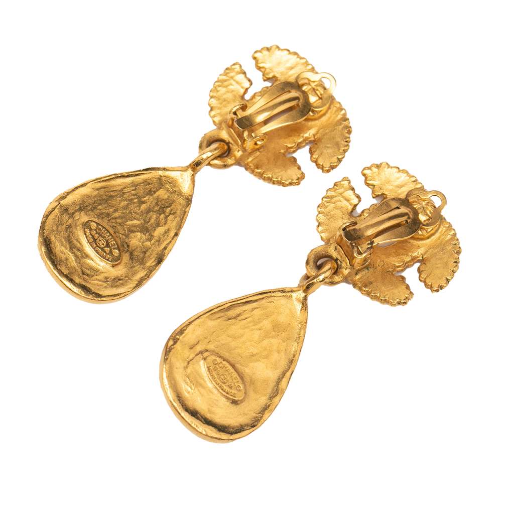 Chanel Gold Plated CC Grapevine Gripoix Drop Clip On Earrings - Back view