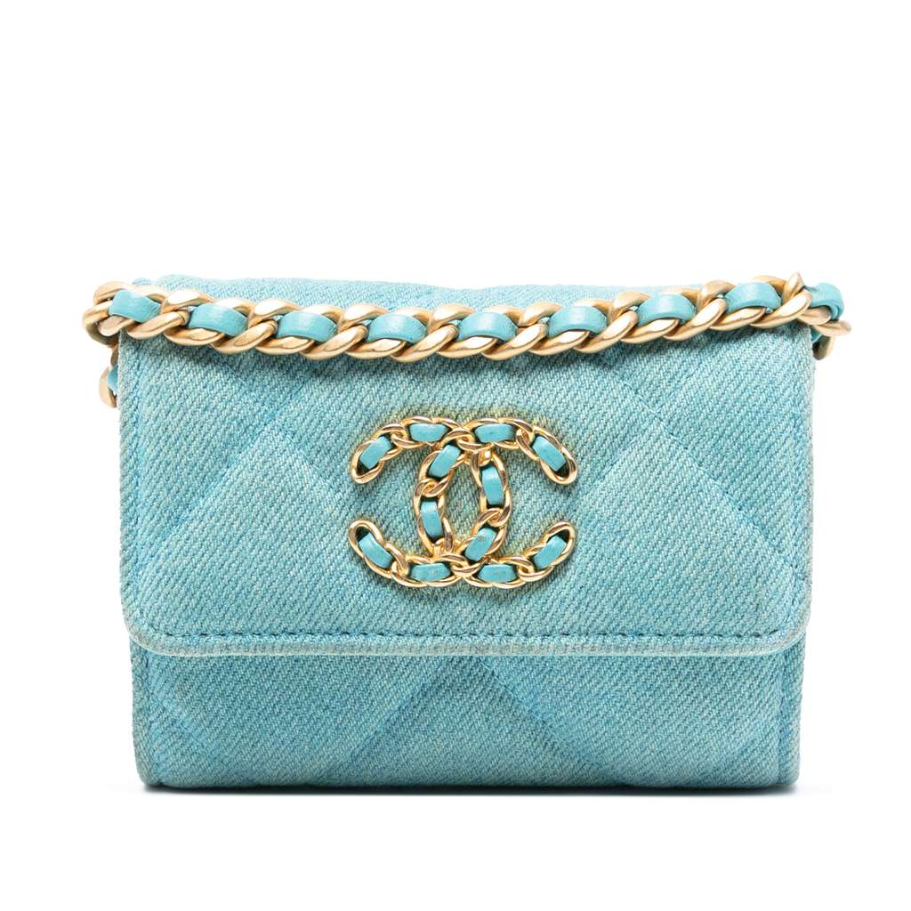 Chanel Quilted Denim 19 Card Holder with Chain