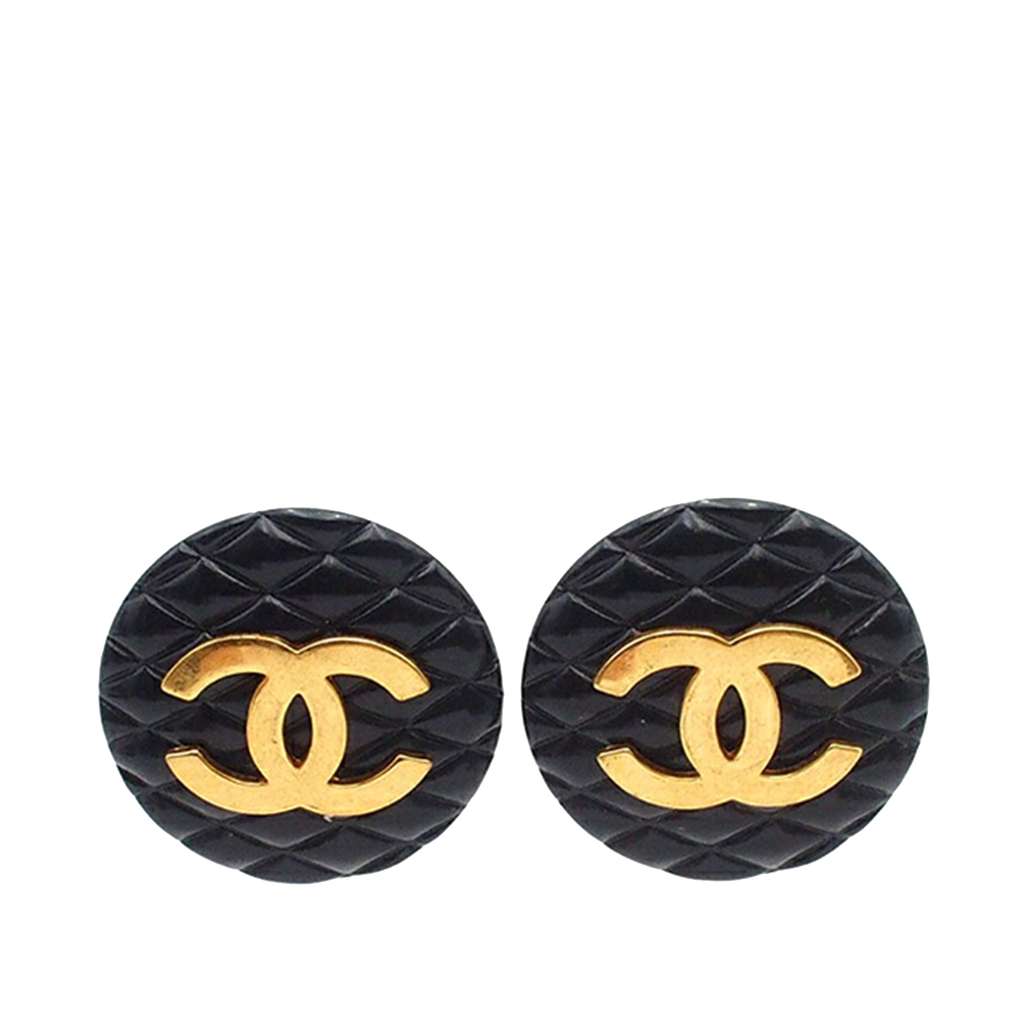 Chanel CC Resin and Gold Plated Quilted Button Clip On Earrings