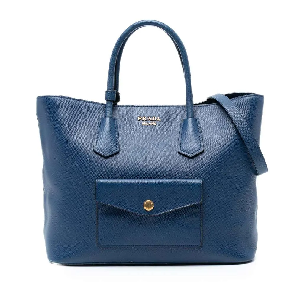 Prada Saffiano Cuir Front Pocket Convertible Tote Blue Leather Good - Front View