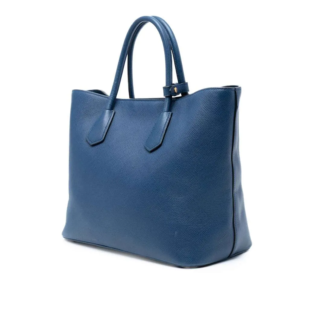 Prada Saffiano Cuir Front Pocket Convertible Tote Blue Leather Good - Back View