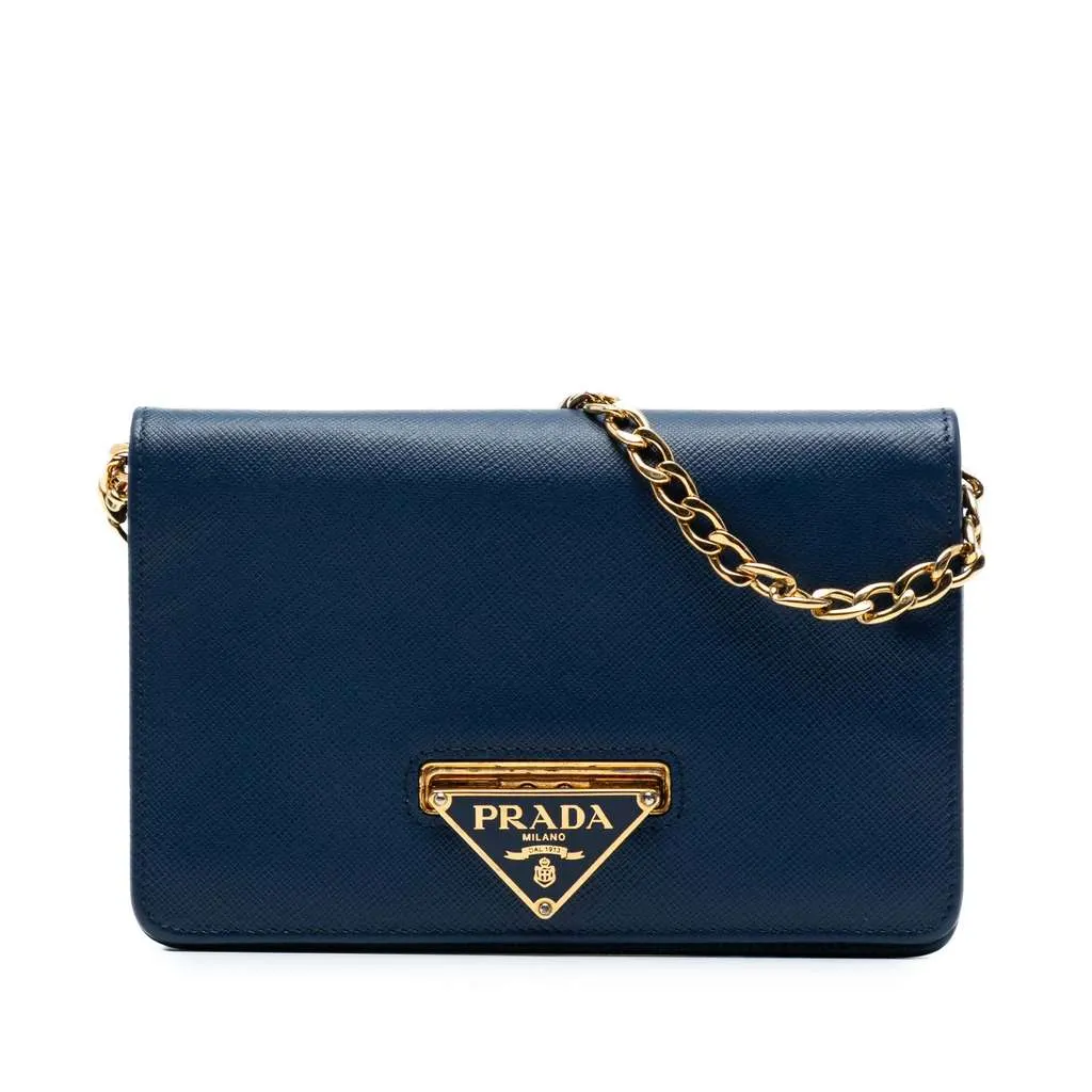 Prada Saffiano Lux Flip Lock Wallet on Chain Blue Leather Good - Front View
