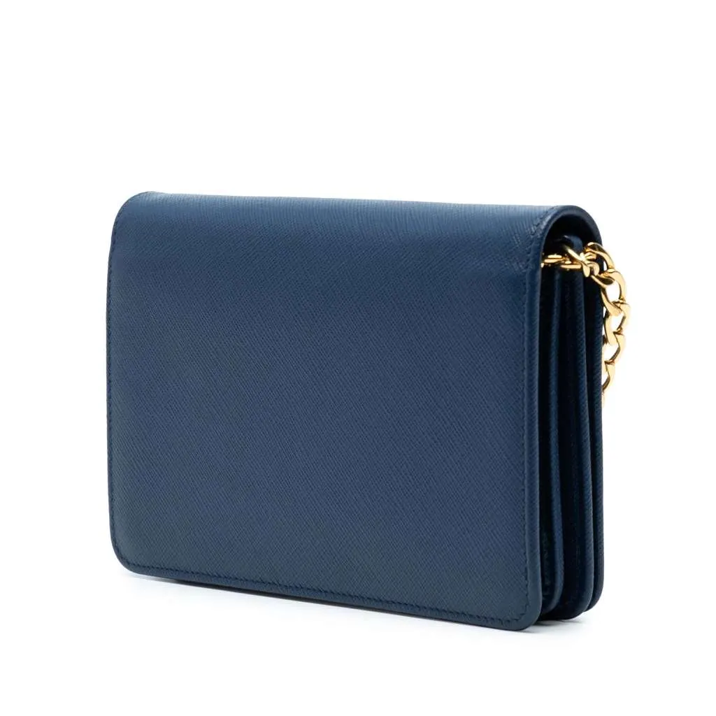 Prada Saffiano Lux Flip Lock Wallet on Chain Blue Leather Good - Back View