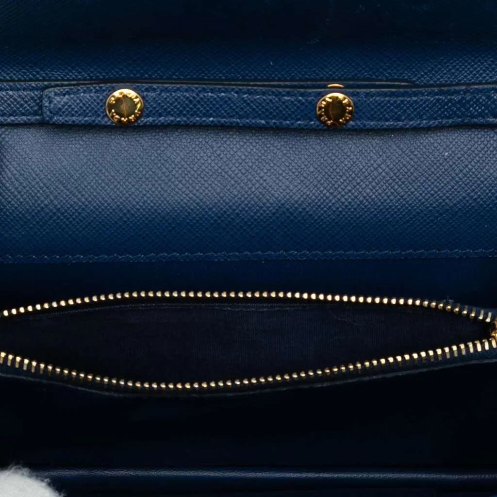Prada Saffiano Lux Flip Lock Wallet on Chain Blue Leather Good - Model View
