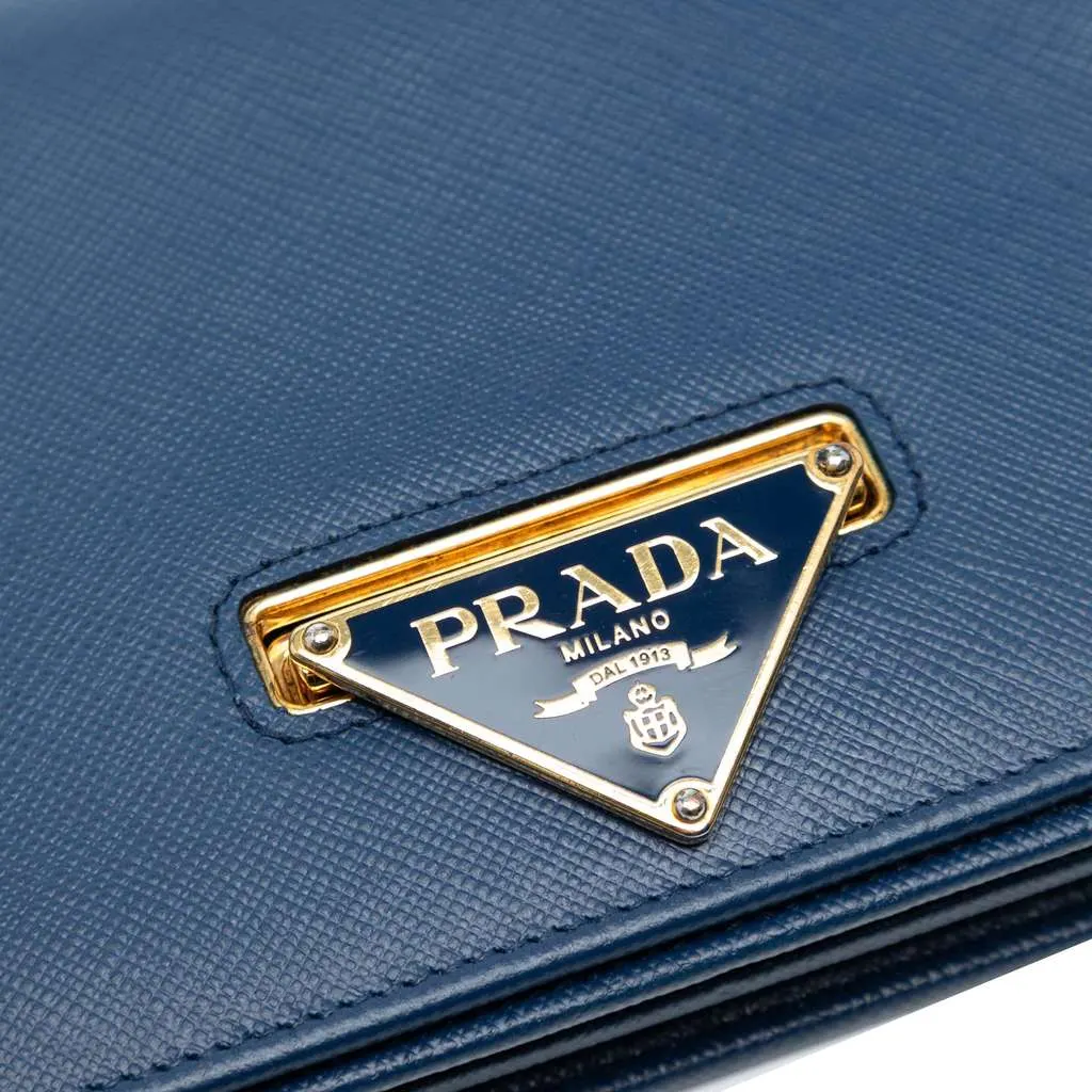 Prada Saffiano Lux Flip Lock Wallet on Chain Blue Leather Good - Box View