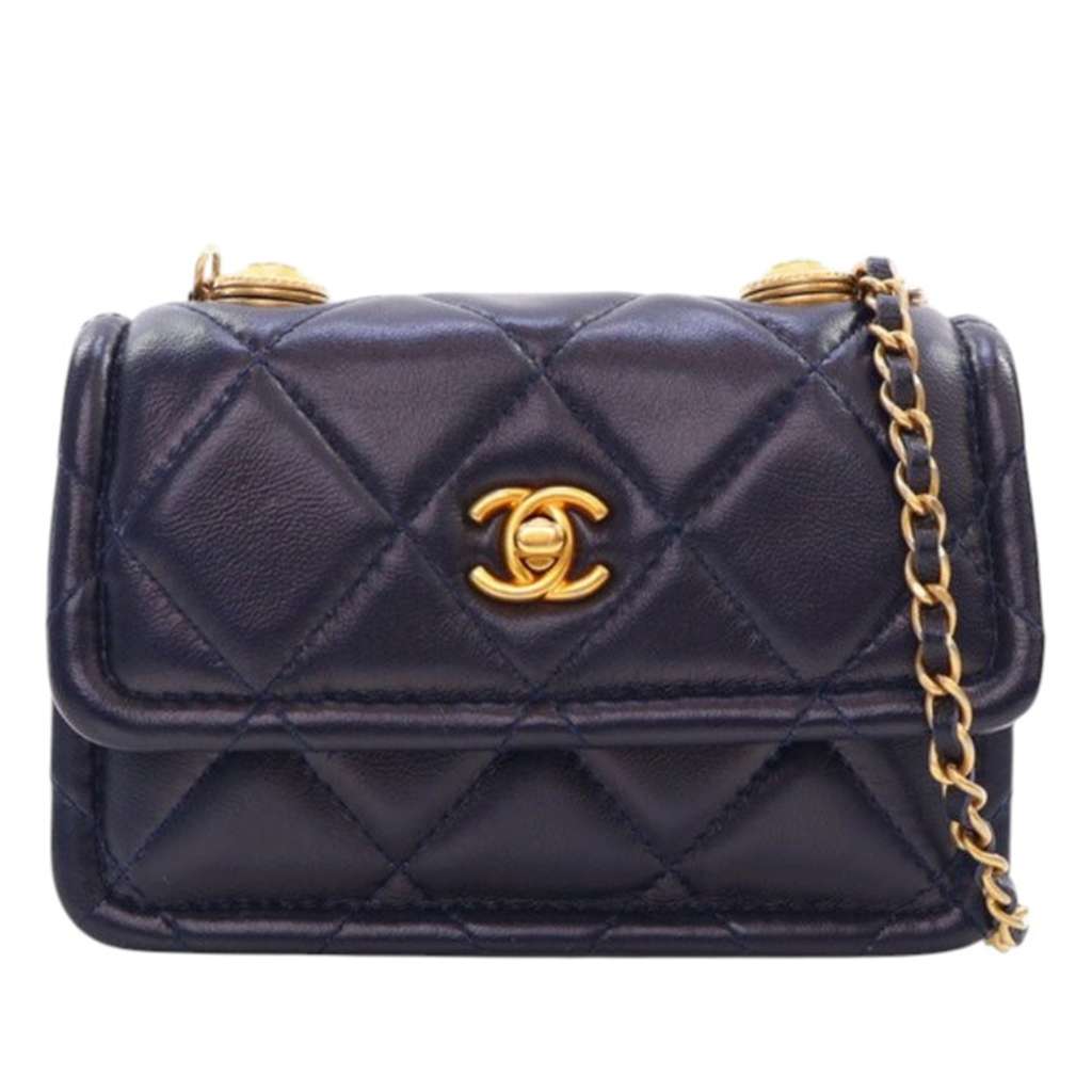 Chanel Mini Quilted Shiny Lambskin Button On Top Flap