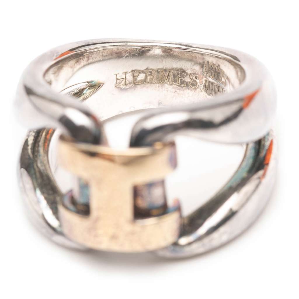 Hermès Sterling Silver and 18K Yellow Gold History Ring - Side view