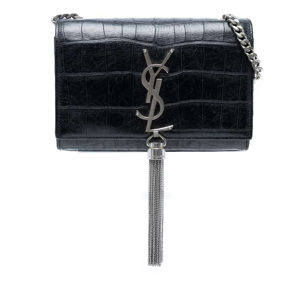 Saint Laurent Small Croc Embossed Leather Monogram Kate Tassel Crossbody