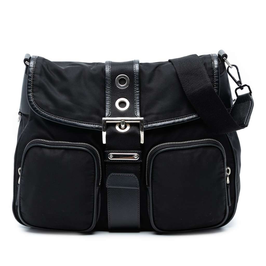 Prada Saffiano Trimmed Tessuto Buckle Messenger Bag