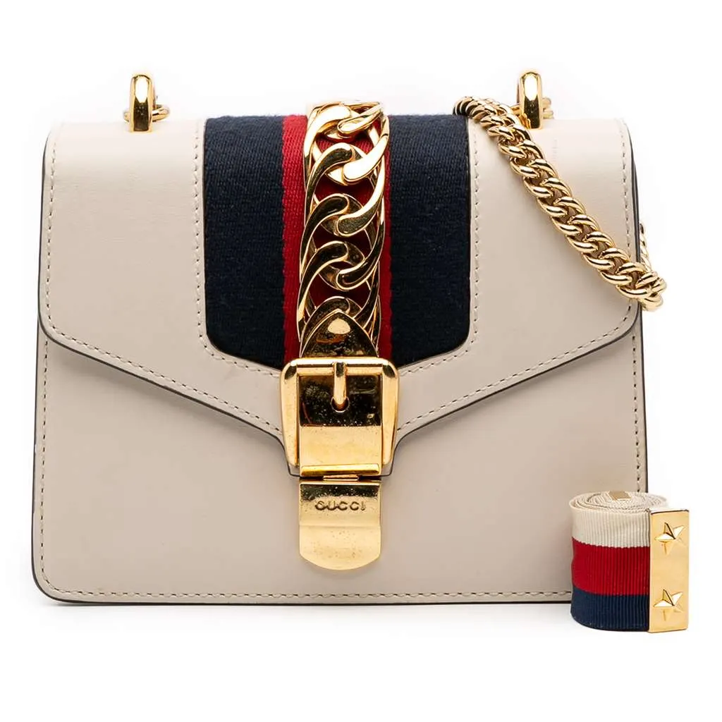Gucci Mini Calfskin Sylvie Chain Crossbody White Leather Good - Front View