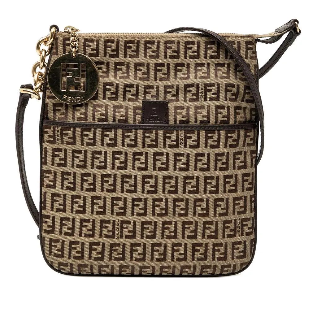 Fendi Zucchino Coated Canvas Forever Crossbody Brown Canvas Good - Front View