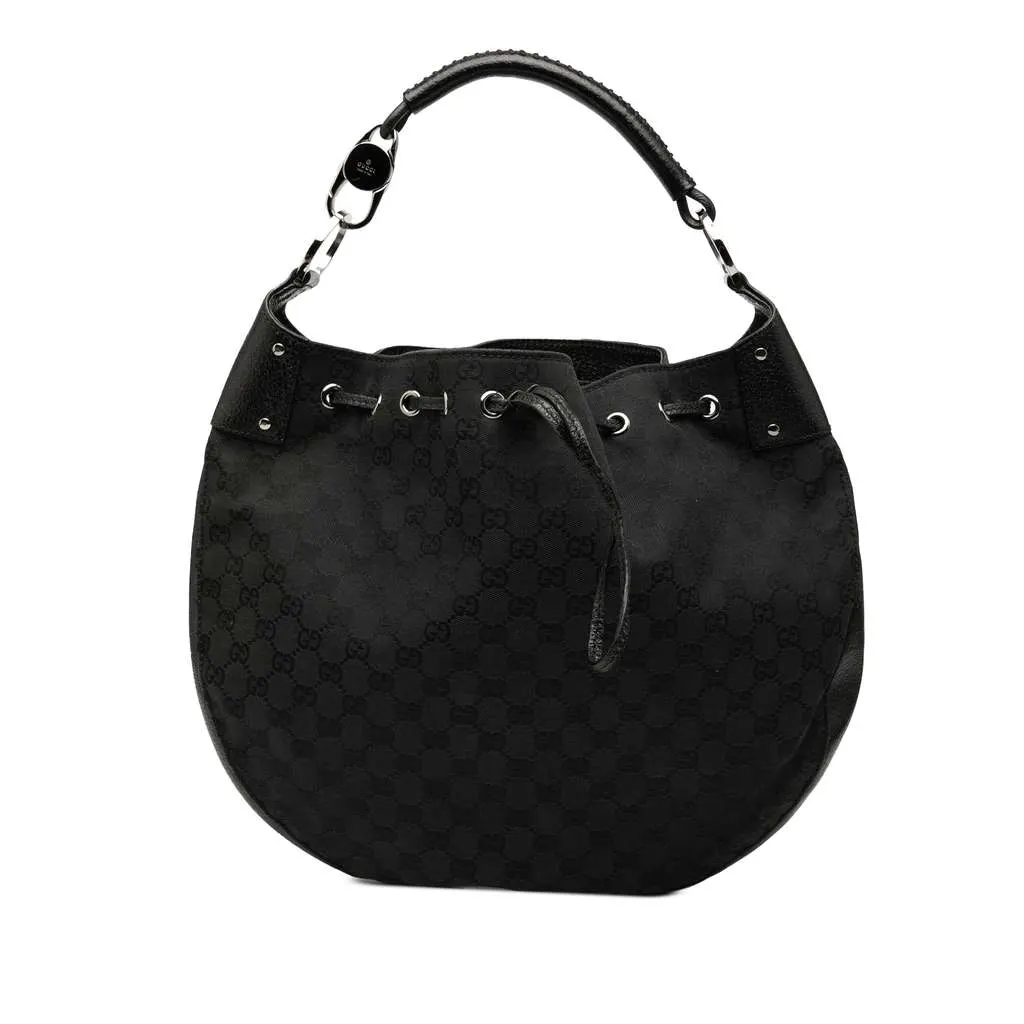 Gucci GG Canvas Drawstring Hobo Black Canvas Good - Front View