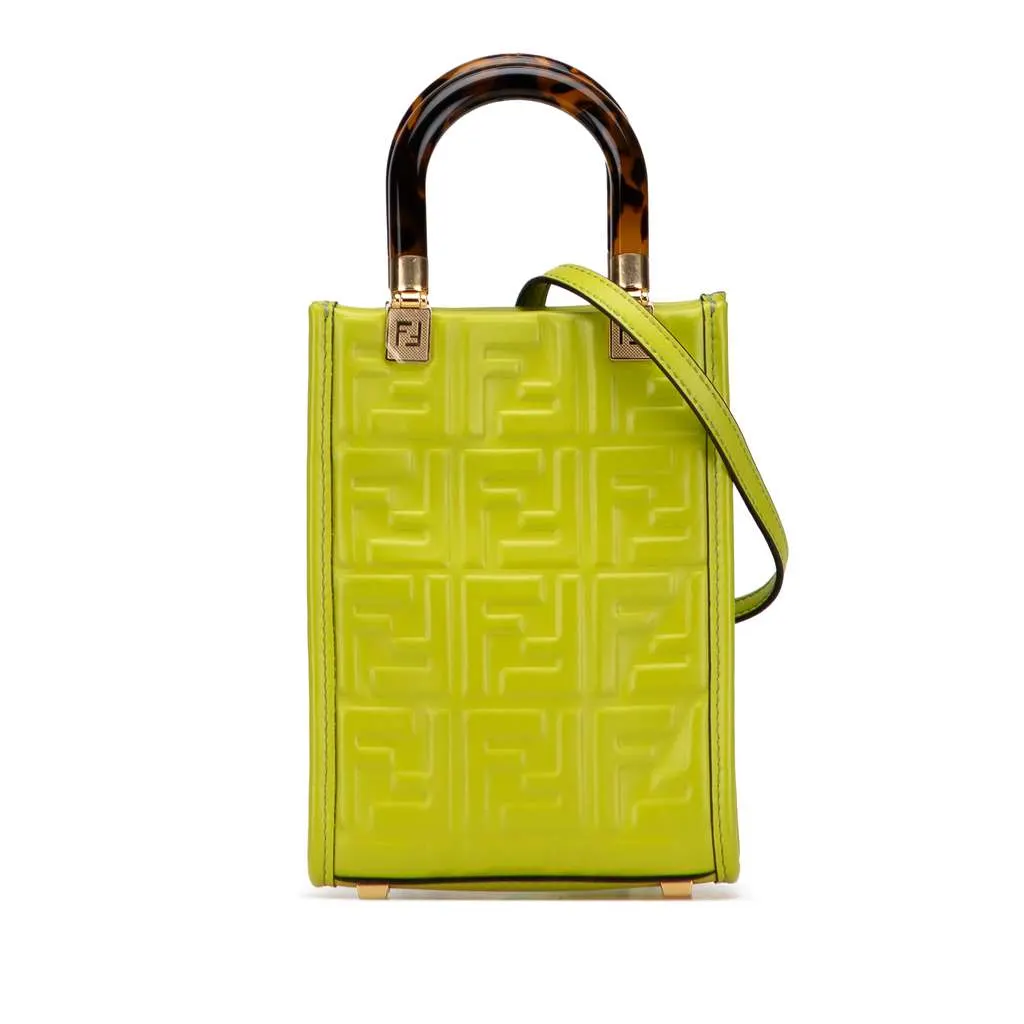 Fendi Mini Zucca Embossed Leather Sunshine Shopper Tote Green Leather Very good - Front View