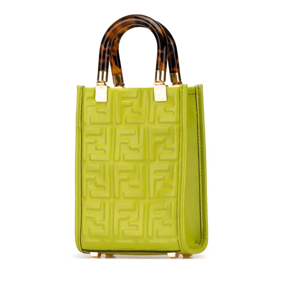 Fendi Mini Zucca Embossed Leather Sunshine Shopper Tote Green Leather Very good - Back View