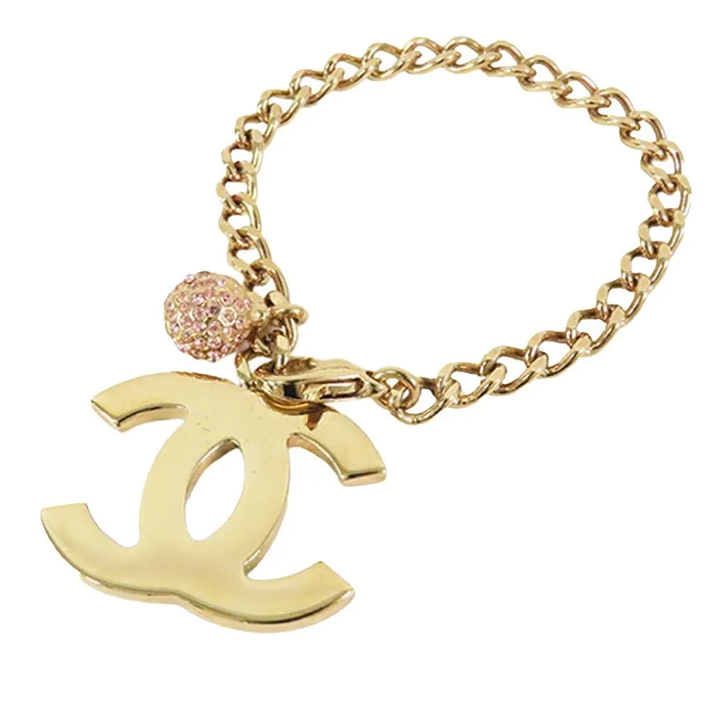 Chanel Gold Plated CC Rhinestones Charm Bracelet Gold Metal Very good - Front View