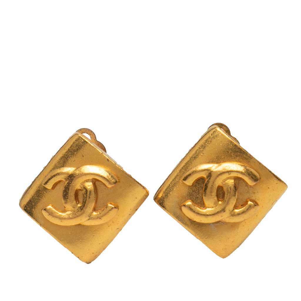 Chanel Gold Plated CC Rhombus Clip On Earrings
