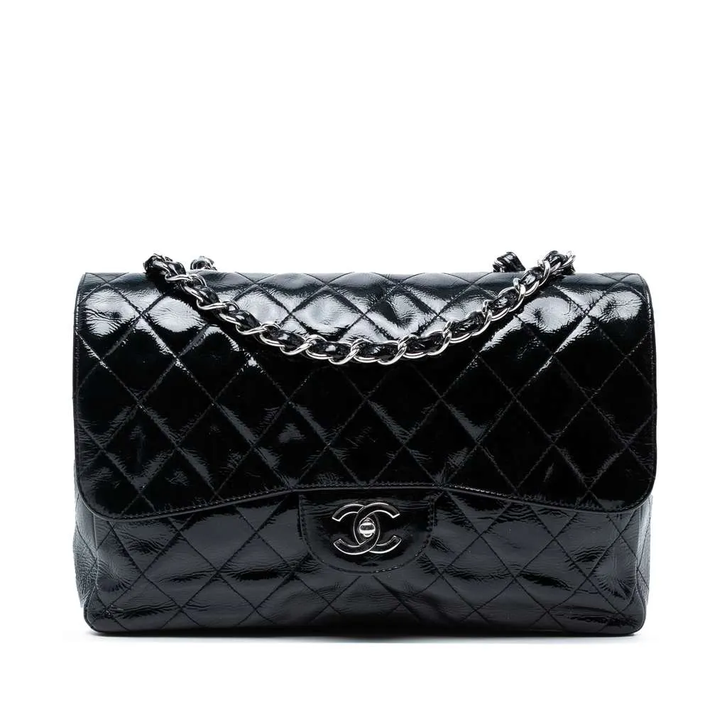 Chanel Jumbo Classic Crinkled Patent Single Flap Blue Leather Good - Front View