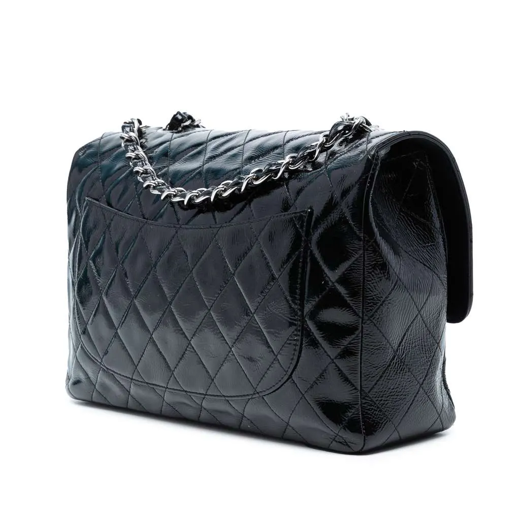 Chanel Jumbo Classic Crinkled Patent Single Flap Blue Leather Good - Back View