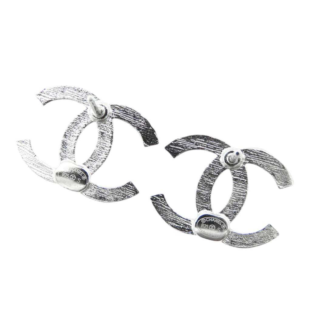 Chanel Silver Plated CC Push Back Earrings - Back view
