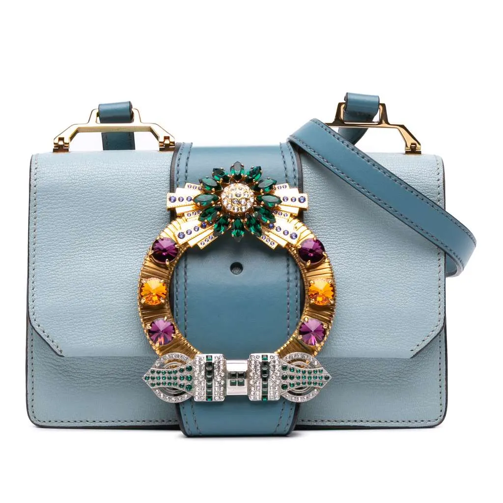 Miu Miu Goatskin Madras Soft Calf Crystal Embellished Crossbody Blue Leather Good - Front View