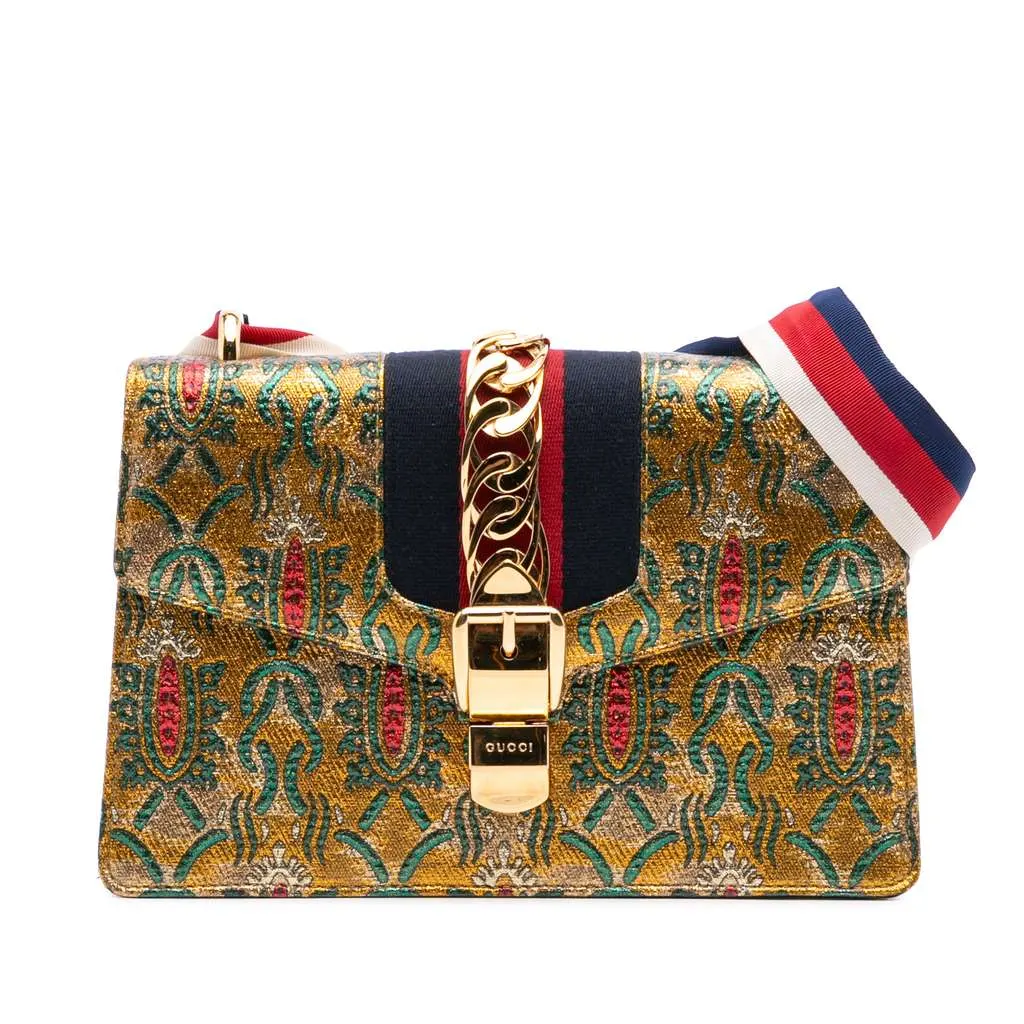 Gucci Small Canvas Brocade Sylvie Satchel Gold Canvas Good - Front View