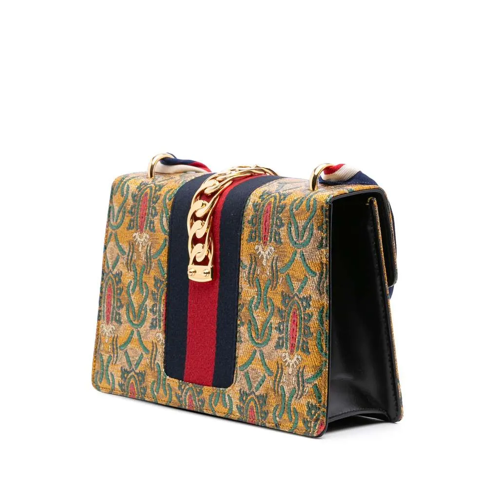 Gucci Small Canvas Brocade Sylvie Satchel Gold Canvas Good - Back View
