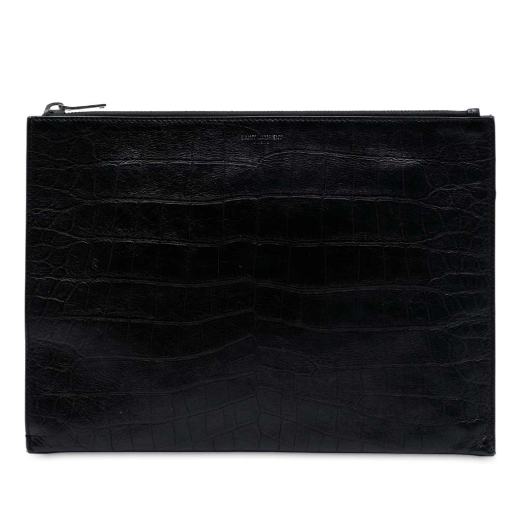 Saint Laurent Croc Embossed Leather Clutch
