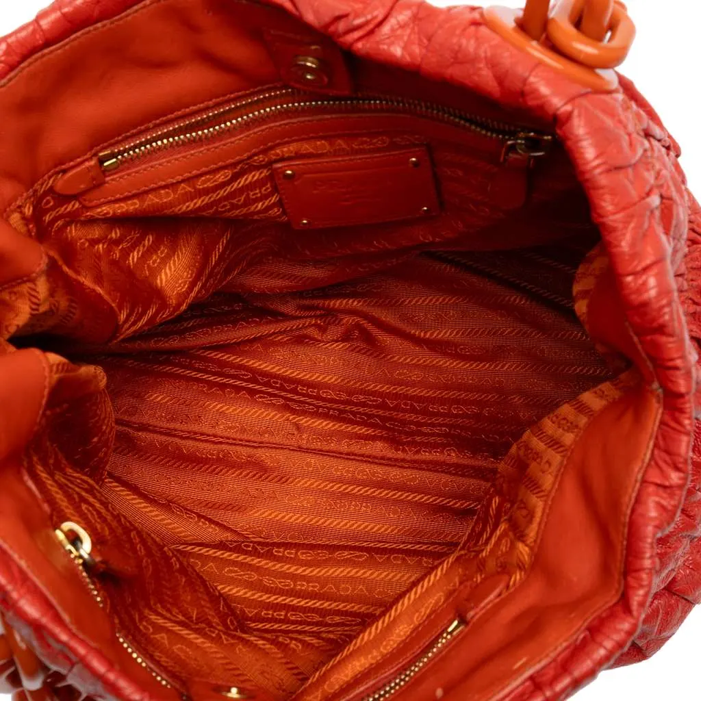 Prada Vernice Gaufre Chain Tote Orange Leather Good - Model View