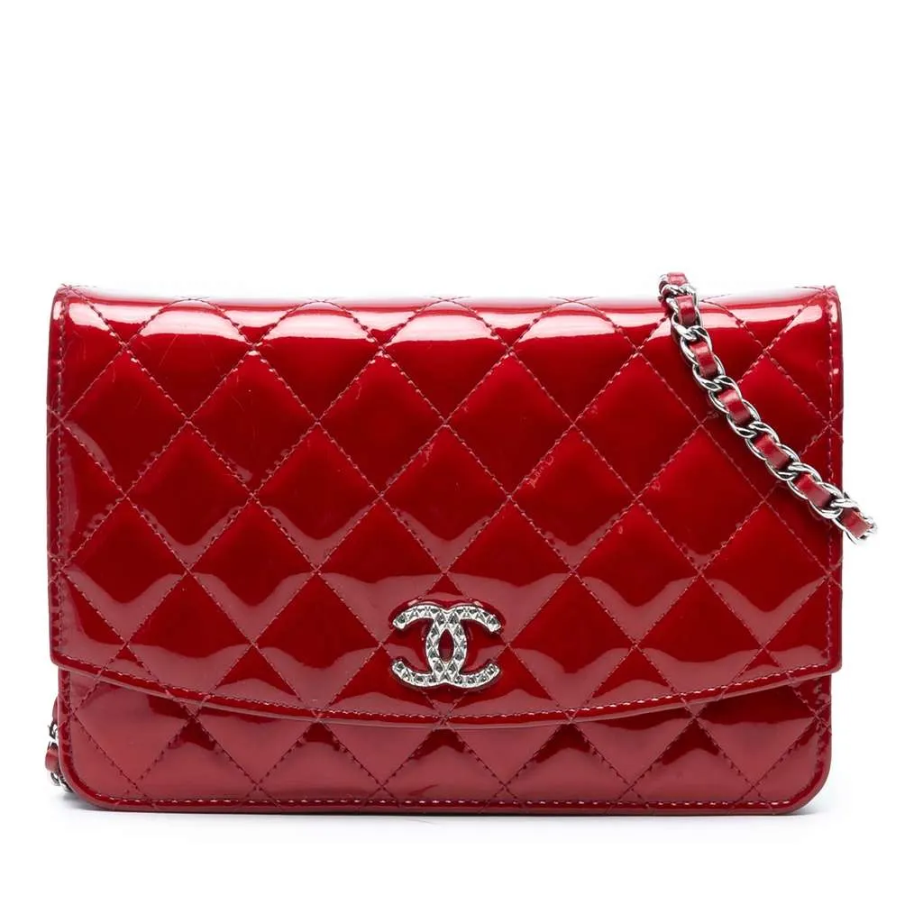 Chanel CC Quilted Patent Brilliant Wallet On Chain Red Leather Good - Front View