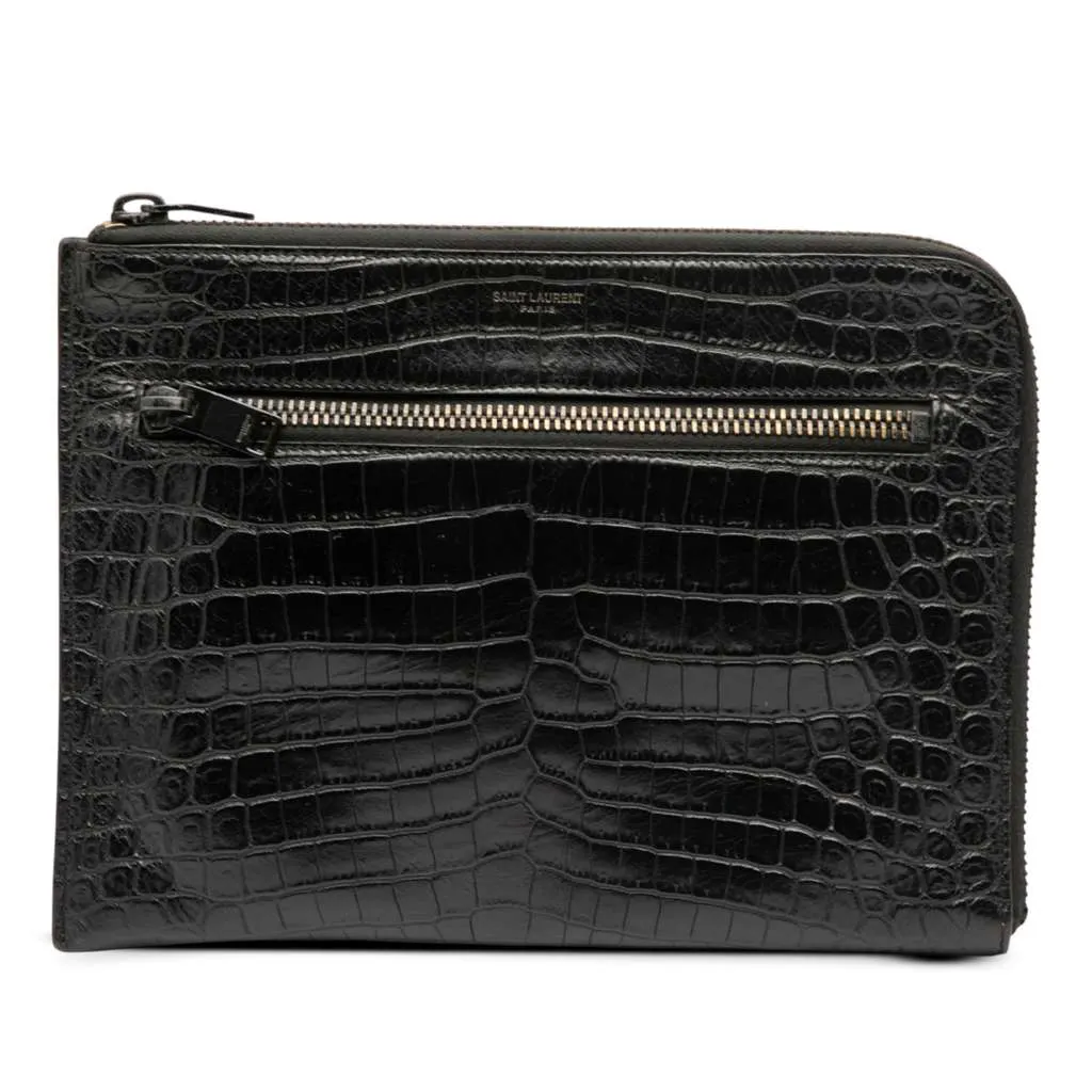 Saint Laurent Croc Embossed Leather Clutch Black Leather Very good - Front View