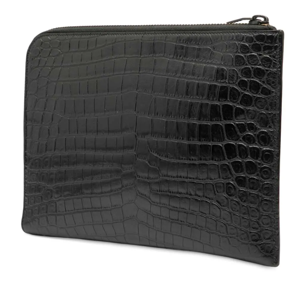 Saint Laurent Croc Embossed Leather Clutch Black Leather Very good - Back View
