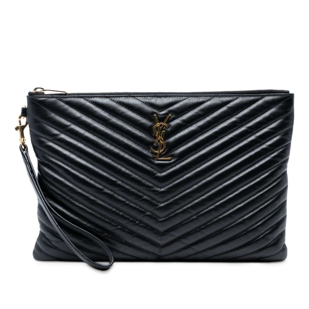 Saint Laurent Quilted Chevron Leather Monogram Document Holder