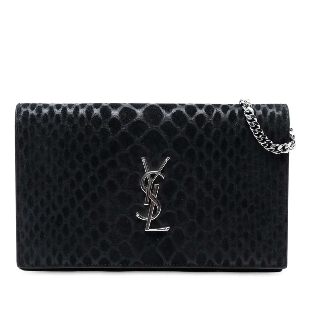 Saint Laurent Python Embossed Suede Monogram Kate Wallet on Chain Black Leather Good - Front View