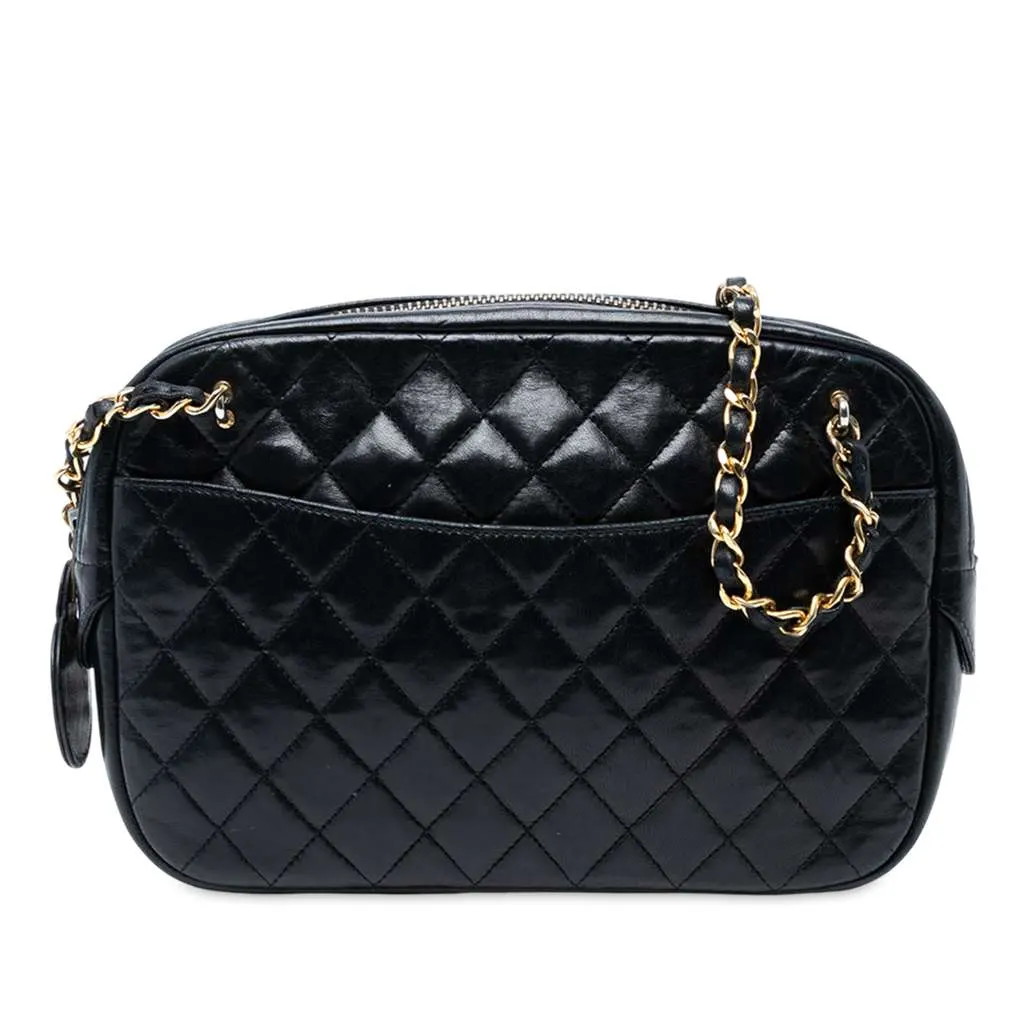 Chanel CC Quilted Lambskin Chain Camera Bag Black Leather Good - Front View