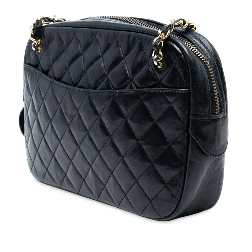 Chanel CC Quilted Lambskin Chain Camera Bag Black Leather Good - Back View