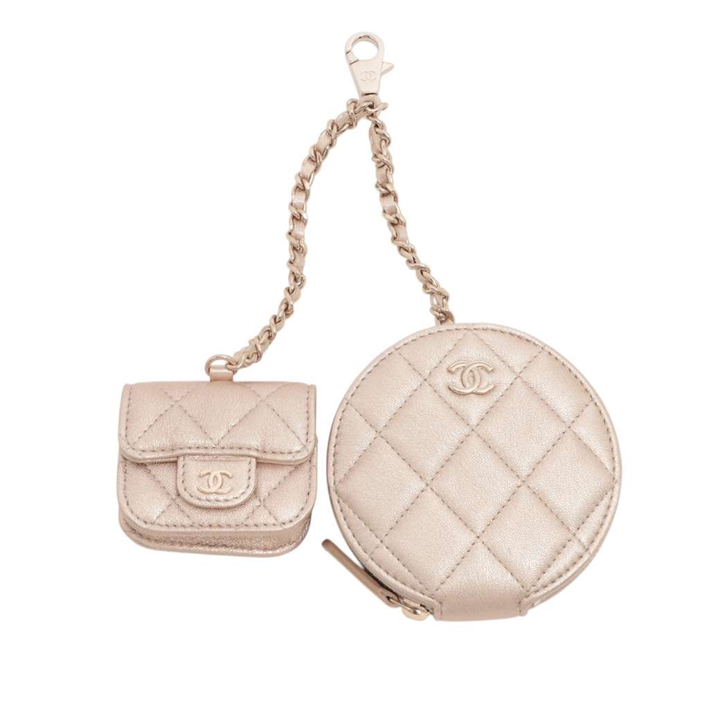 Chanel Quilted Metallic Lambskin Round Clip On Coin Purse and Airpods Case