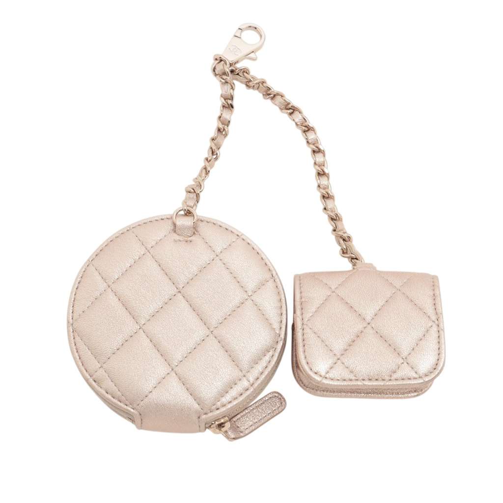 Chanel Quilted Metallic Lambskin Round Clip On Coin Purse and Airpods Case - Back view
