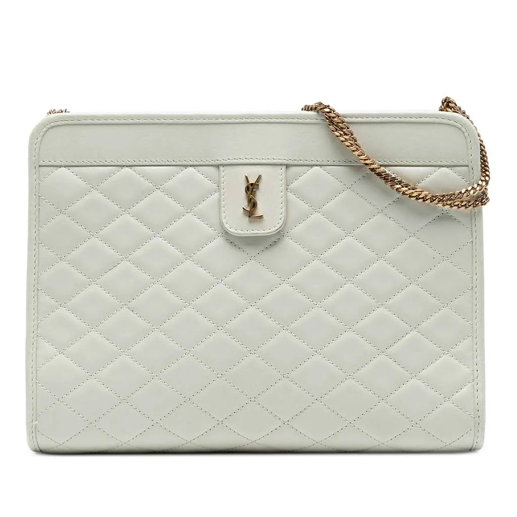 Saint Laurent Quilted Lambskin Monogram Baby Victoire Clutch on Chain White Leather Good - Front View