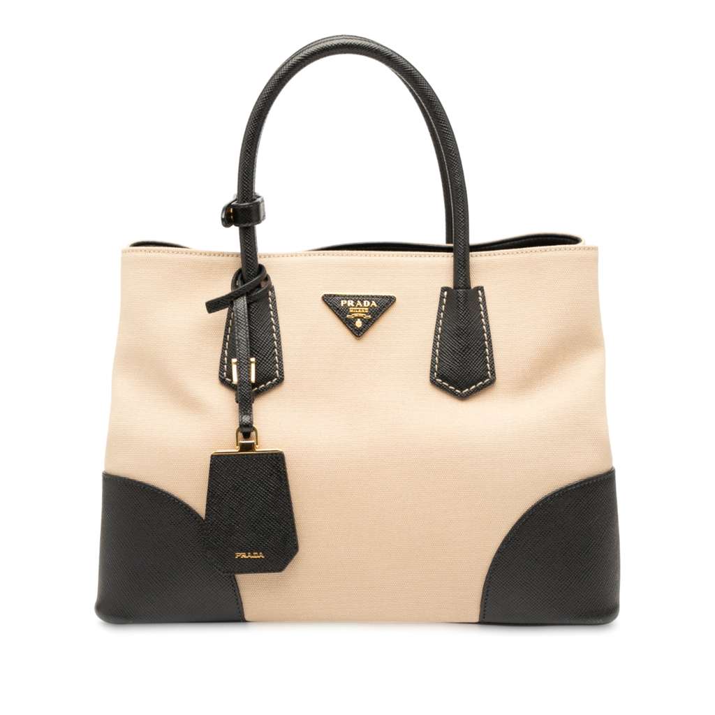 Prada Medium Saffiano Trimmed Canapa Double Satchel