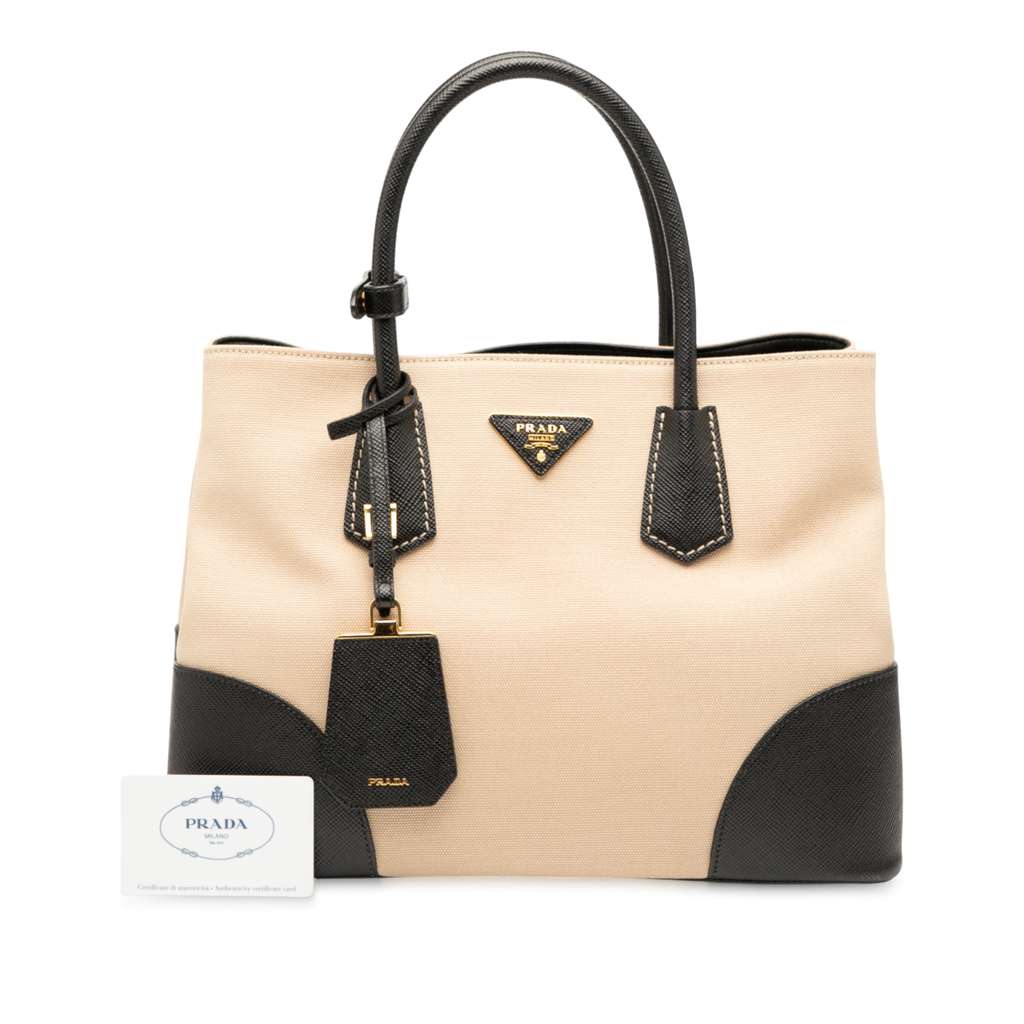 Prada Medium Saffiano Trimmed Canapa Double Satchel - Image 10