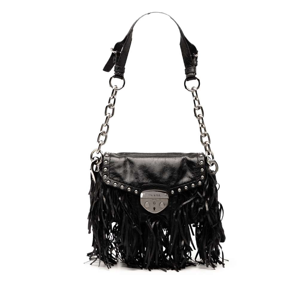 Prada Vitello Shine Fringe Studded Flap Hobo